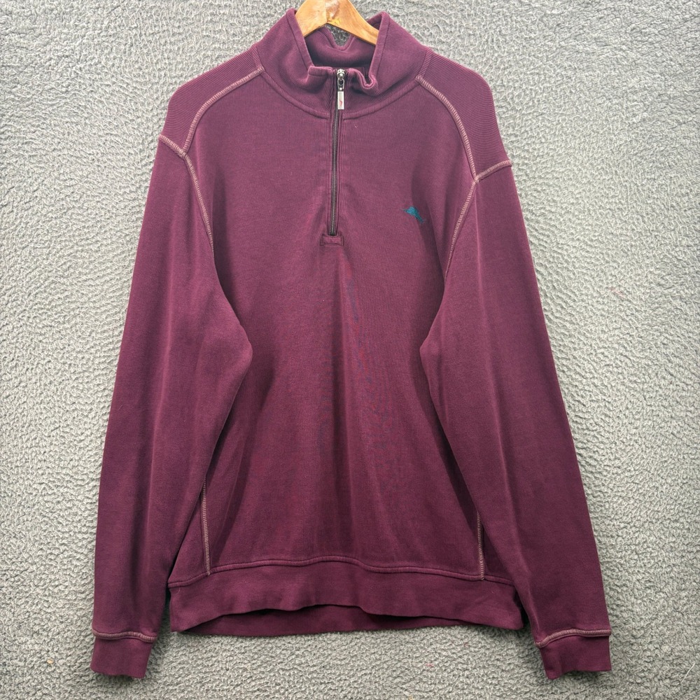 Tommy Bahama Sweater Men Large Burgundy Relax Quarter Zip Cotton Ribbed Pullover
